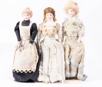 3 Bisque Female Dolls, Vintage Antique