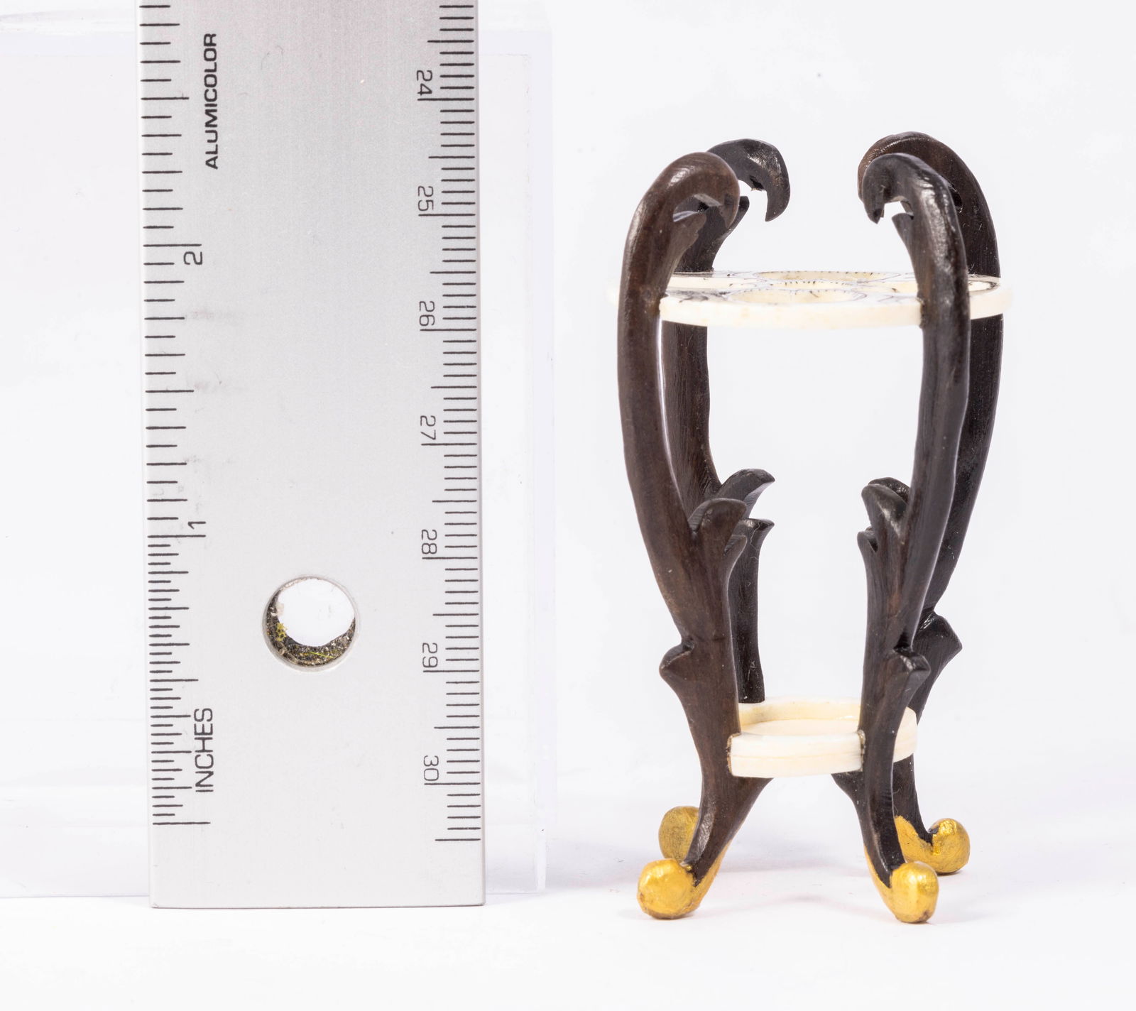 Bone Art Miniature Scrimshaw Cane Holder: Bone Art Miniature Scrimshaw Cane Holder. Black and white with scrimshaw carving.