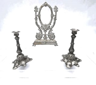 Soft Metal German Filigree Antique Vanity Mirror with a Pair of Candlesticks - Doll Scale