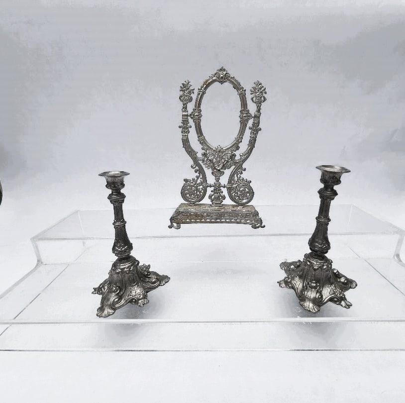 Soft Metal German Filigree Antique Vanity Mirror with a Pair of Candlesticks - Doll Scale (1 of 8)
