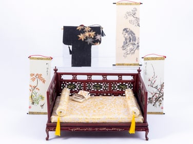 Large Asian Day Bed with Painted Panels & Gold Bedding