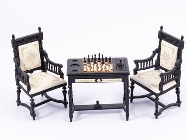 Asian Furniture with Chess Table & Pieces with 2 Matching Chairs