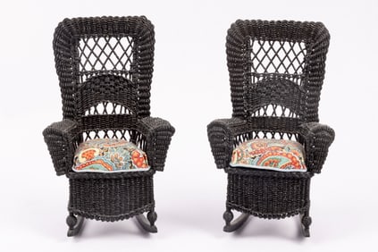 Rhea Strange Pair of Black Wicker Rocking Chairs
