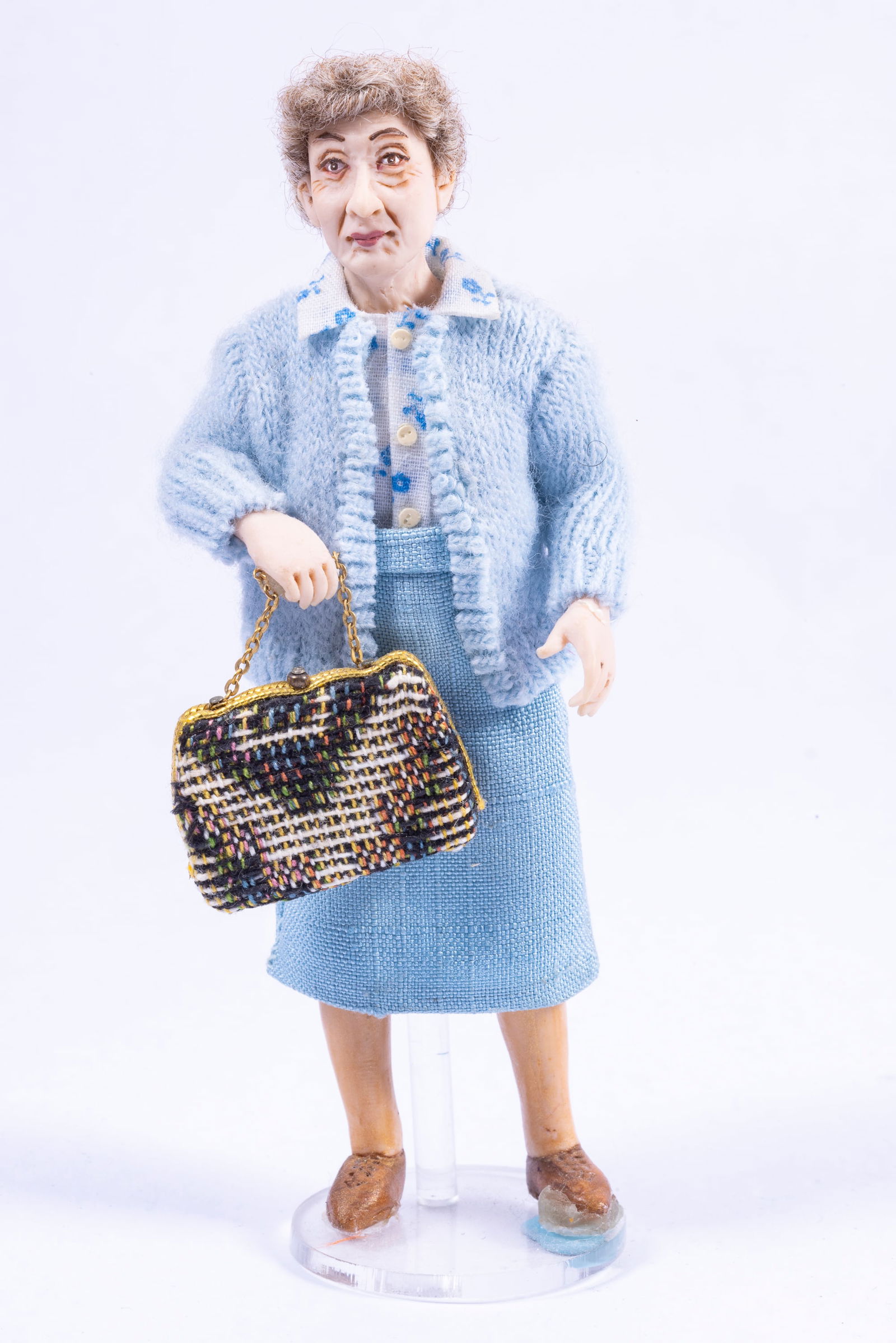 Twin Mini Woman Doll In Blue Holding Handbag (1 of 3)