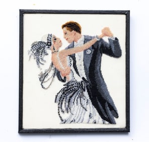 Terrific Art Deco Petit Point Wall Hanging of Couple Dancing
