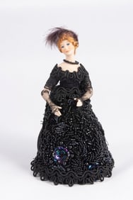 Elegant Porcelain Lady Doll In Beaded Black Dress