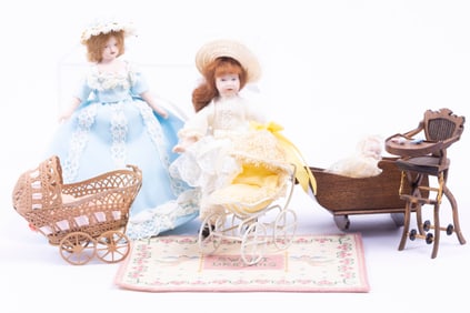 3 Porcelain Dolls with Handmade Wooden Furniture & Needlepoint Rug