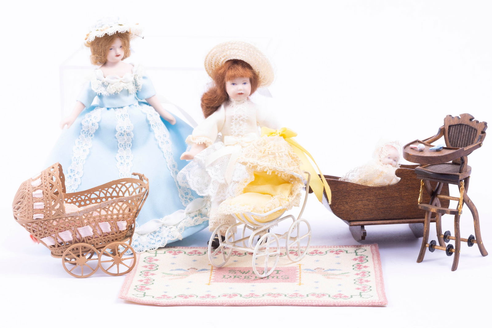 3 Porcelain Dolls with Handmade Wooden Furniture & Needlepoint Rug (1 of 13)