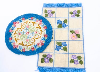 Floral Needlepoint Rugs Set of 2 - Circle & Rectangular