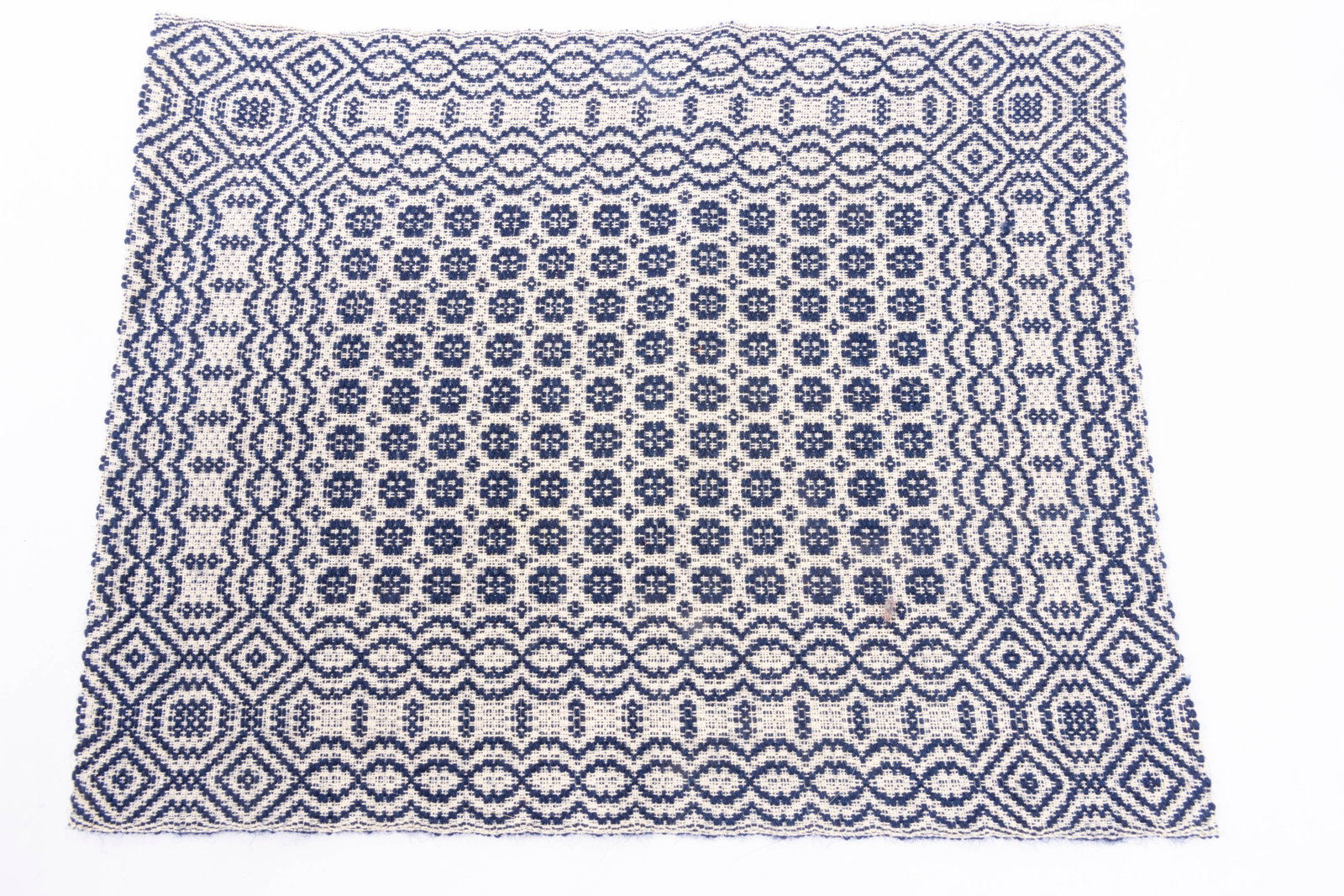 Blue & White Woven Bed Spread or Rug Artisan Made: Blue & White Woven Rug. Well made, vintage from late 70's to early 80's. Believed to have been made by Lillian Gaines.