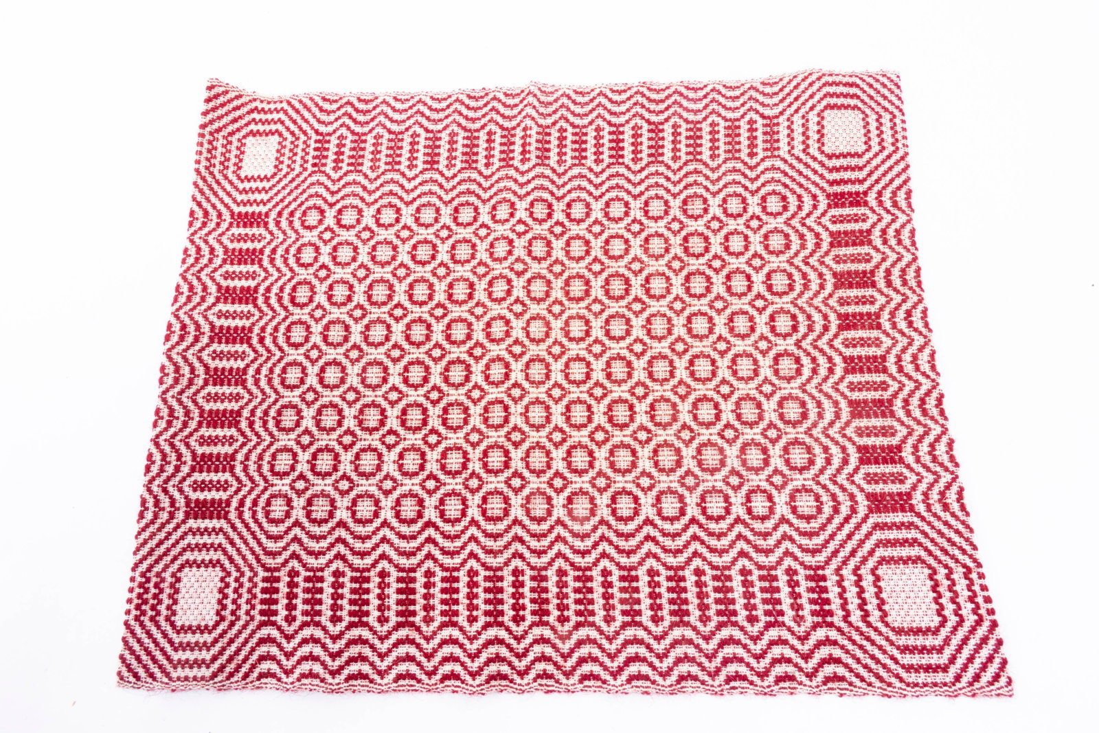 Red & White Woven Rug By Lillian Gaines: Red and white woven rug, artisan made by Lillian Gaines. Vintage from the 70's to 80's.