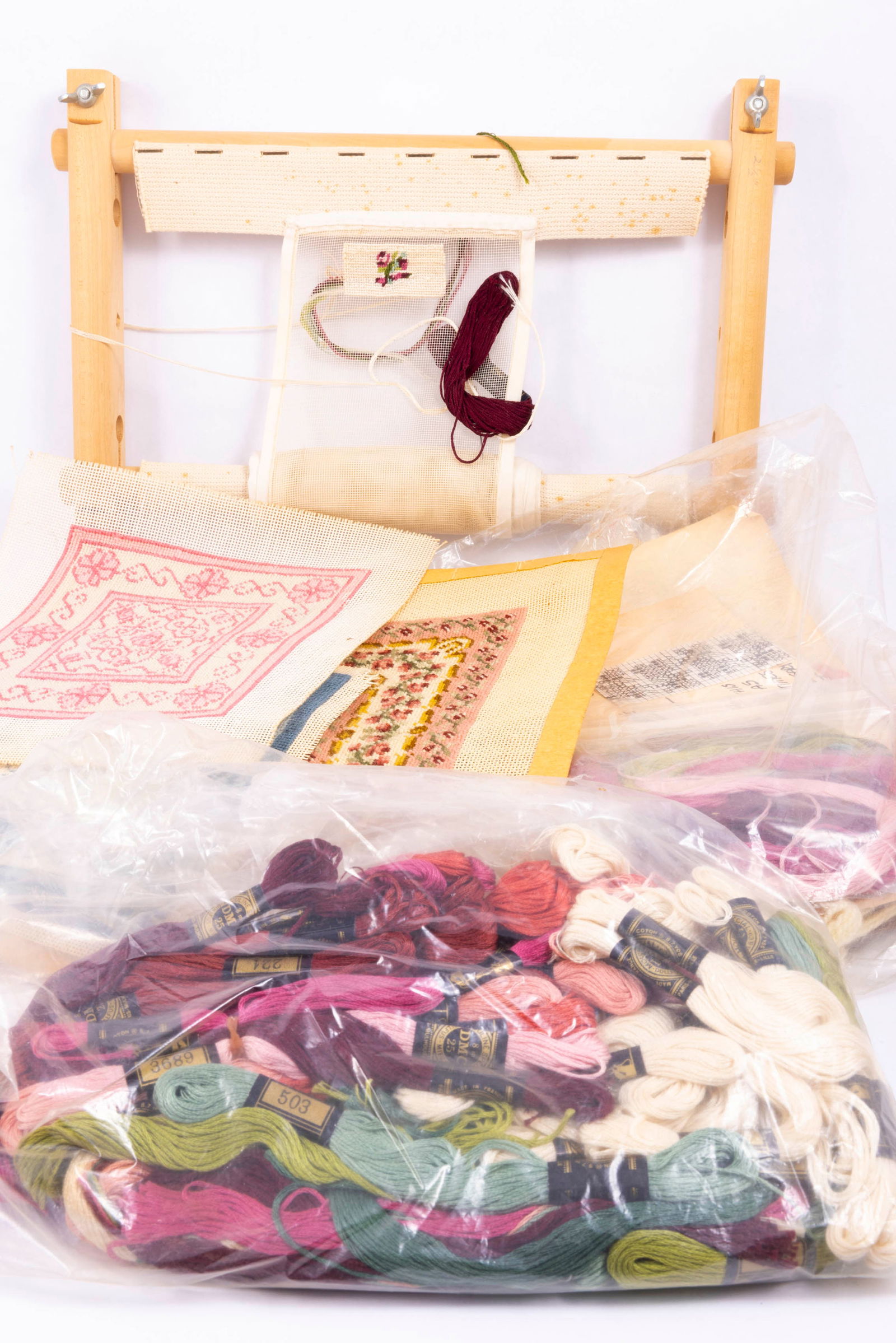 Needlepoint Supplies with Threads, Mesh & Wooden Holder (1 of 9)