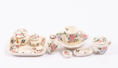 Porcelain Ladies Vanity Set & Bath Set with Pink Floral D?cor - 10 Piece Set