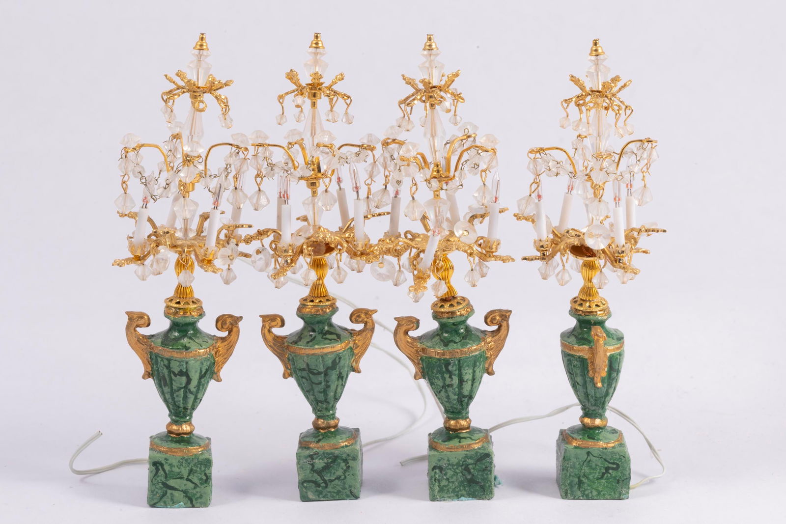 4 Green Urns with Wired Candelabras: 4 Green Urns with Candelabras. The candelabras are wired for electric on a 12 volt system. Adds elegance.