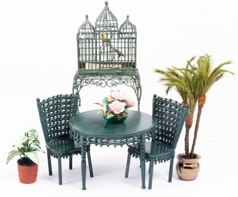 Green Birdcage & Green Wicker Table & Chairs Set with Plants