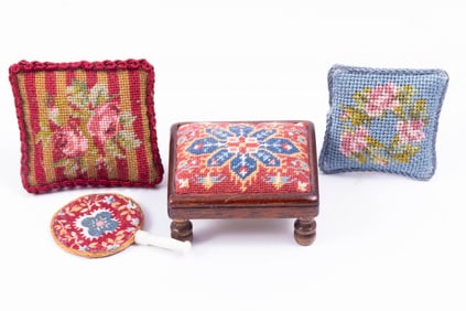 Needlepoint Stool, Fan & Pillows - Sue Bakker