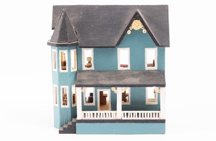 1:144 Scale Decorated Blue Victorian Dollhouse - Handmade Vintage 1976
