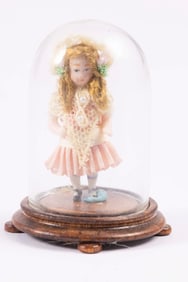Porcelain Little Girl Doll In Glass Dome