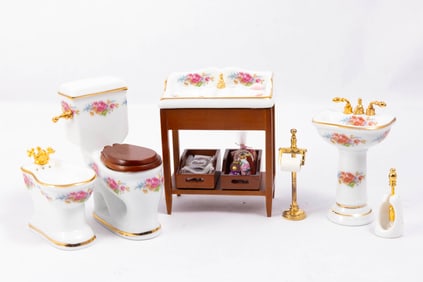Reutter Porcelain Pink Floral Bathroom Set with Toilet Holder