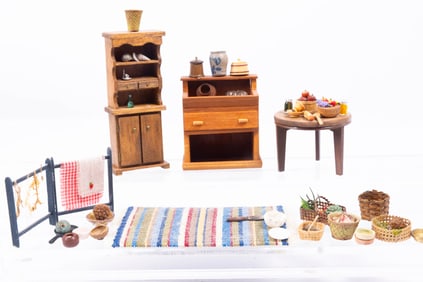 Handmade Colonial / Country Kitchen with Accessories & Handmade Striped Rug in Half Inch Scale -
