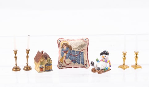 Christmas Needlepoint Pillow & Cathy Rohal Snowman with Tretter's Candlesticks