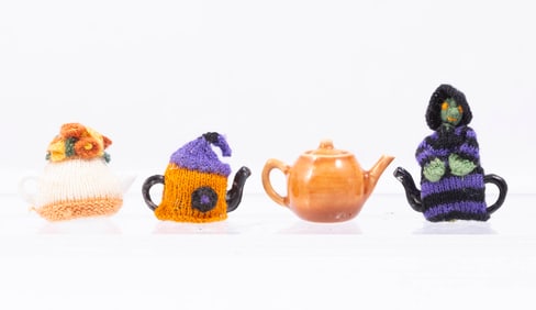 Set of 4 Teapots with 3 Hand Knit Tea Cozys By Helen Palenski