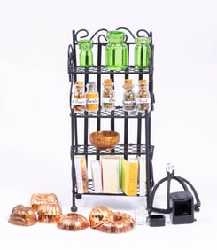 Decorated Baker's Rack with Copper & Green Glass Canning Jars