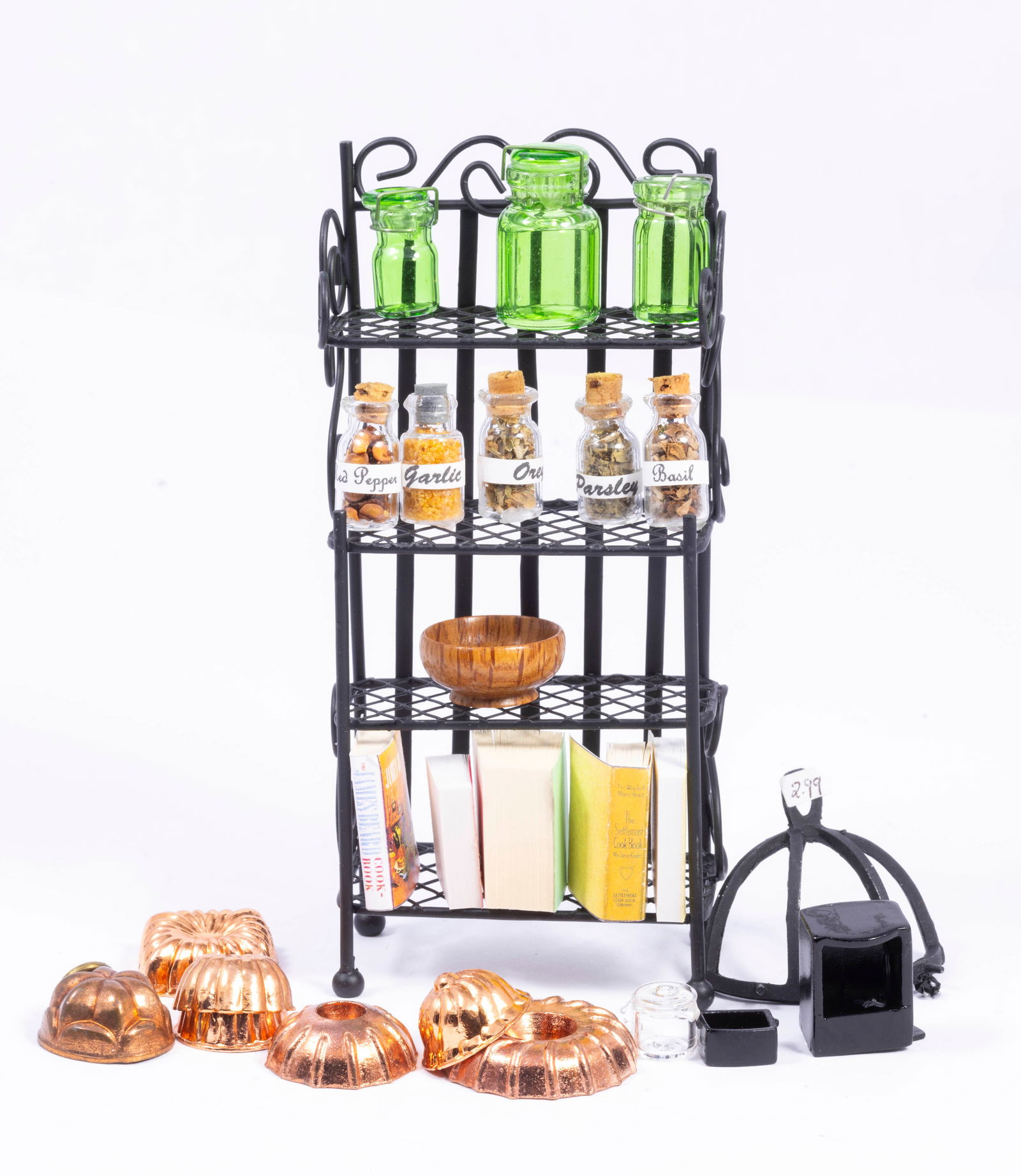 Decorated Baker's Rack with Copper & Green Glass Canning Jars (1 of 8)