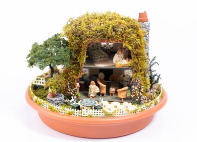 1/2" scale decorated Terracotta Pot Scene with Judy's Littles Bunny Rabbits