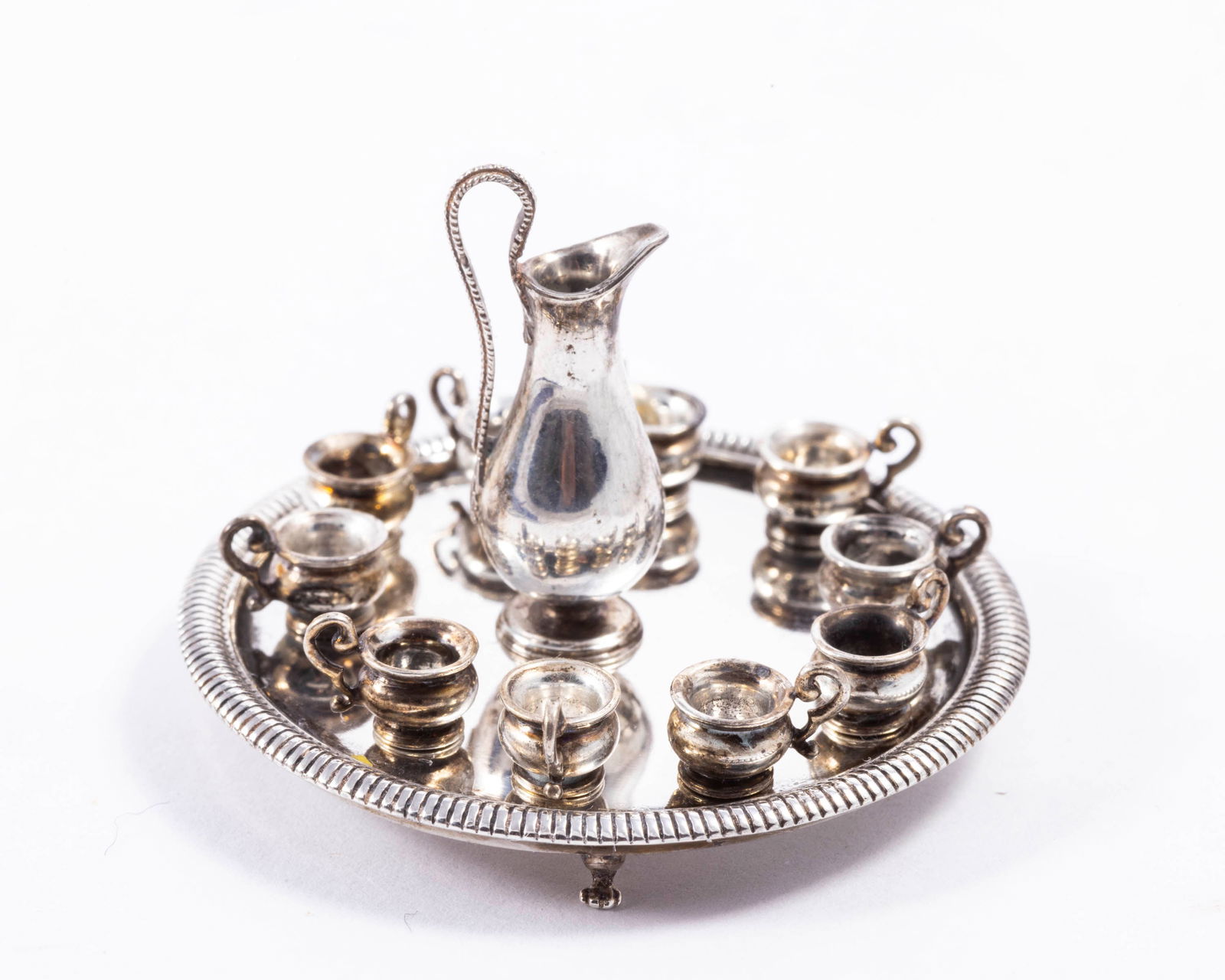 Peter Acquisto Silver - 10 Punch Cups with Large Round Platter & Tall Ewer-Wine Jug: IGMA Fellow Peter Acquisto Silver - Set of 10 punch cups with a large round footed platter and a tall ewer or wine jug. The punch cups and ewer are remvoable, and the platter is large. The platter mea