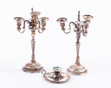 Peter Acquisto Silver - Pair of 3 Arm Candelabras & Chamber Candlestick