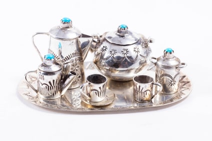 Mexican Silver & Turquoise Coffee & Tea Service for 2 with Serving Tray