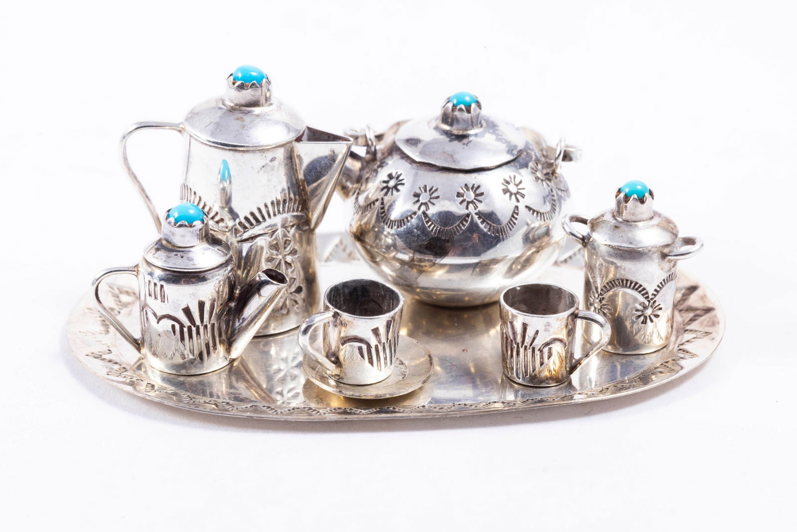 Mexican Silver & Turquoise Coffee & Tea Service for 2 with Serving Tray (1 of 7)