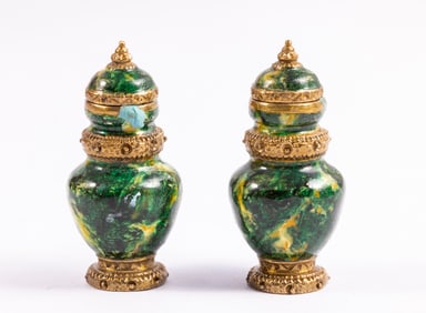Emily Good Pair of Green Enameled Bronze Urn