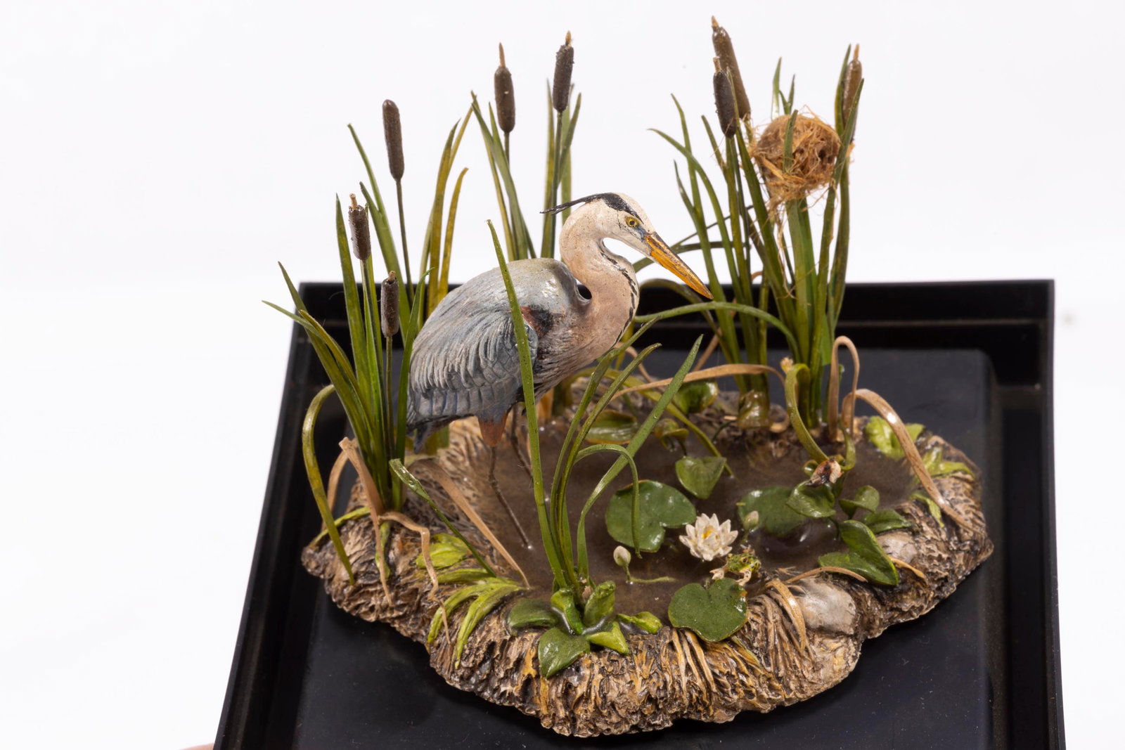 Mary McGrath Pond with Blue Heron & Cattails: Mary McGrath pond with a Blue heron and Cattails. One owner, in good condition and never used. The pond is handmade and well done.