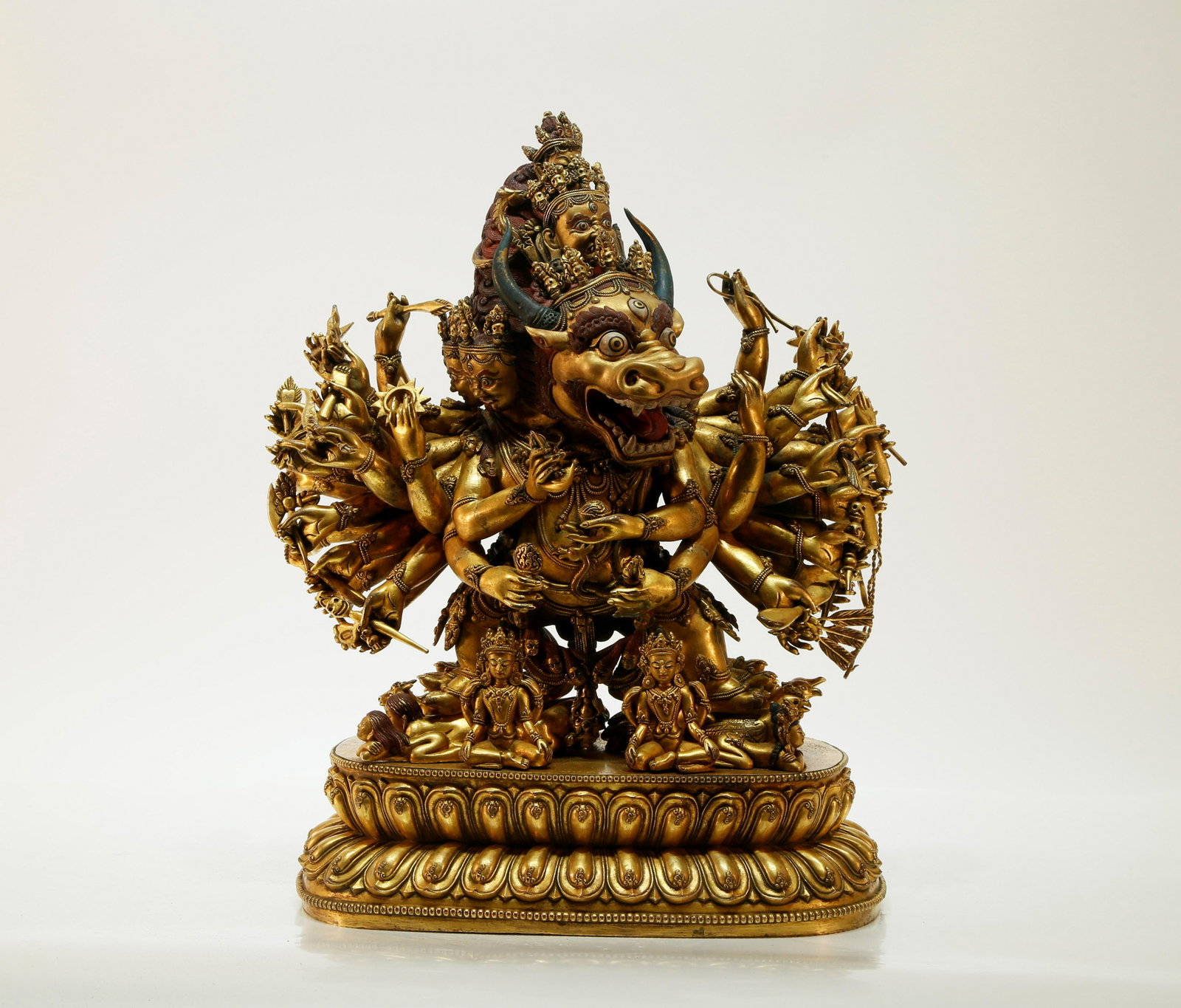A superb gilt bronze yamantaka statue: A superb 15th century gilt bronze yamantaka statue, with imperial marks, Qianlong period Chinese Ming Dynasty. Size: 27cmx16.5cmx36.5cm