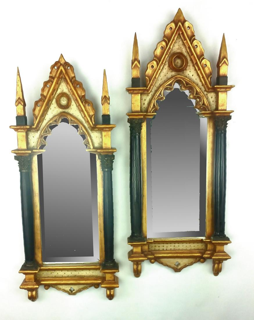 PAIR ANTIQUE GILTWOOD GOTHIC MIRROR FRAME: You are bidding on a pair of Vintage Giltwood Gothic Mirror from with Beveled Mirror. CIRCA Mid 20th Century. SIZE: 14"W x 35"H x 3"D (EA) WEIGHT: 20LBS (PAIR) SHIPS VIA: UPS/FEDEX