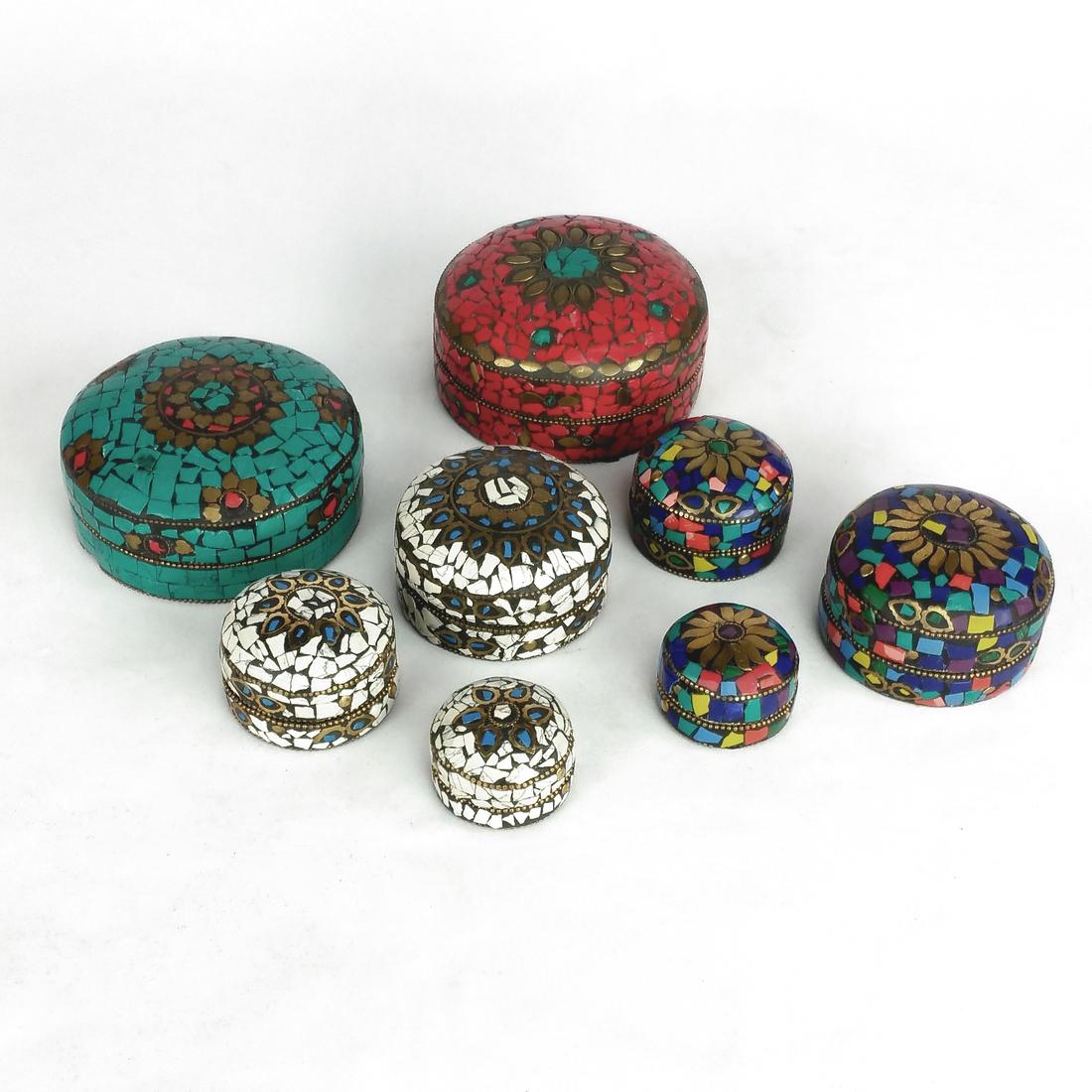 SET/8 AFGANI BRASS INLAID MOSAIC STONE JEWELRY BOXES: You are bidding on a Vintage Set /8 Assorted Brass Inlaid Jewelry Box with Semi Precious Stone Mosaics. Red Coral, Turquoise, Malachite Lapis Lazuli, and others. The set comes with 2 Large 4" Diam Box