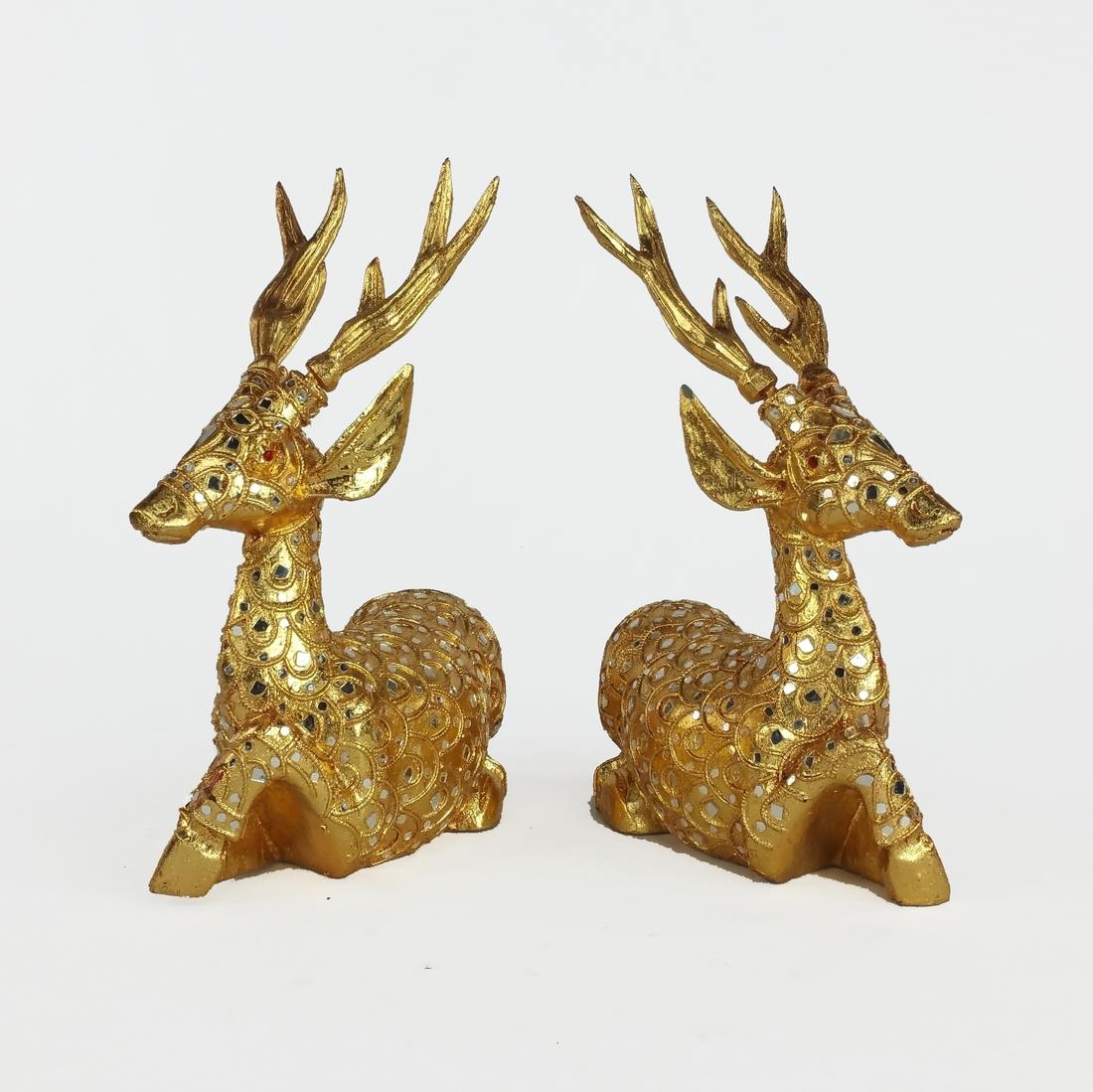 PAIR GILTWOOD SITTING DEERS: You are bidding on a pair of Vintage Thai Giltwood Sitting Deers. Hand Carved and with gold beading and mirrored detailing throughout. CIRCA: 1980s SIZE: 8"W x 4"D x 11"H (EA) WEIGHT: 6LBS (PAIR) SHIP