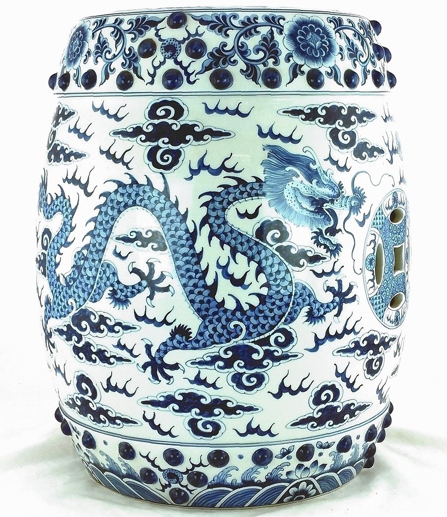 VINTAGE BLUE WHITE CHINESE DRAGON GARDEN STOOL: You are bidding on a unique Hand Painted Blue White Emperor Dragon Garden Stool. CIRCA: Mid 20th Century SIZE: 13"Dia x 18"H WEIGHT: 30LBS SHIPS VIA: UPS/FEDEX