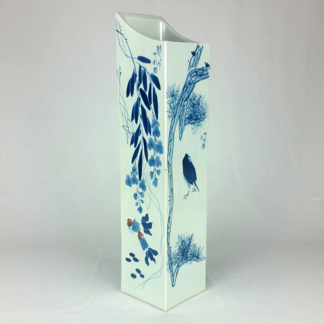 Vintage Blue White Tall Square Vase