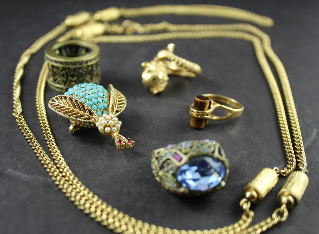 Costume Jewelery Lot(6pcs): Trifari Gold Tone Serpent Ring-Green Eyes,Crown Mark Signed,54"Monet Goldplated Chain Necklace,2 Heidi Daus Bejewelled Rings Signed,Tura Bejewelled Bee Pin-Signed,Tiger Eye 18k HGE Ring Signed H.Holl.