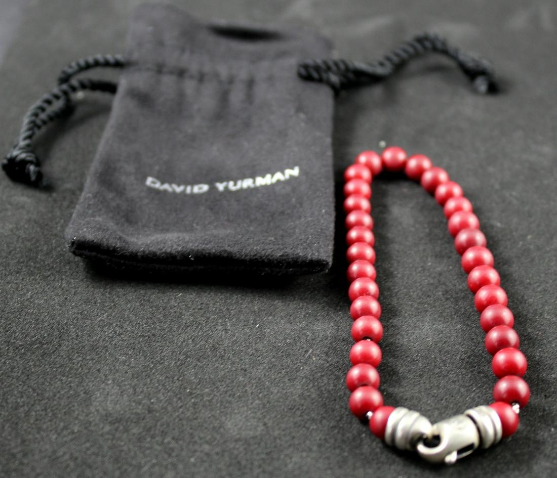 David Yurman Spiritual Bead Bracelet.: Red Coral Bead Spiritual Bracelet with Sterling Chain and Clasp - In the Original Box ,Pouch and Polishing Cloth, 8"Lg - Marked David Yurman, Mint Condition.