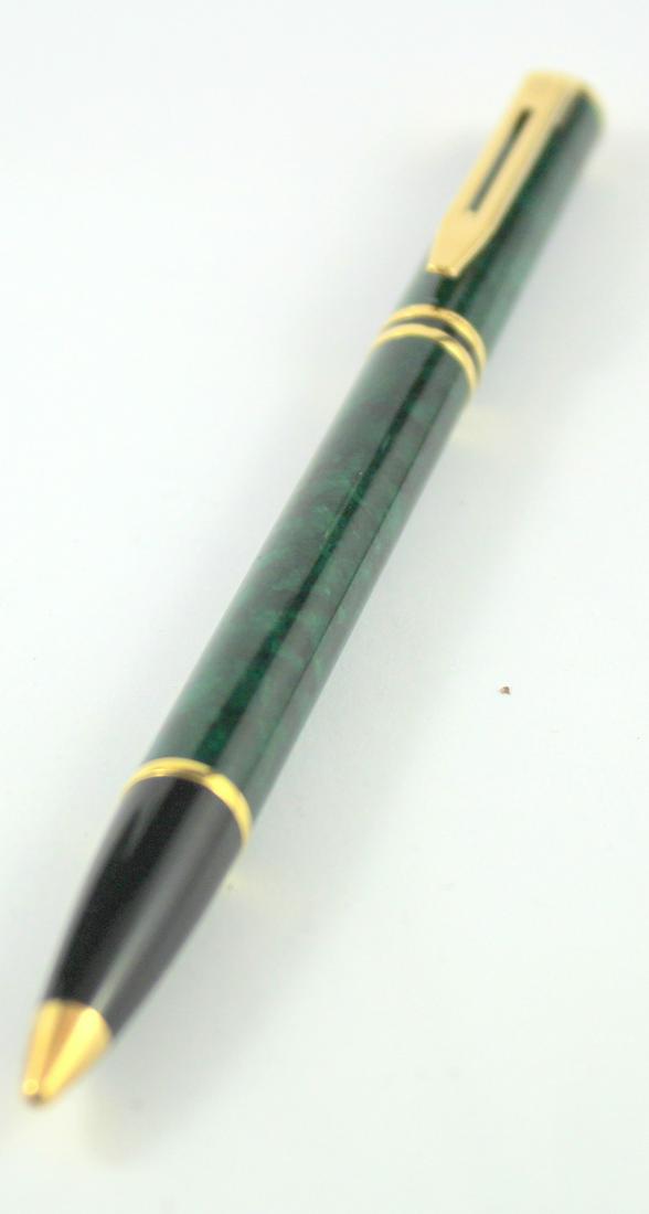 Vintage Waterman Mechanical Pencil.: Waterman Le Mans Green Malchite and Gold Plated Trim Mechanical Pencil. 5 3/8"L- Marked Printed Lettering Around Mid Body Band and Logo Insignia On Pocket Clip.Working. Fine Condition.