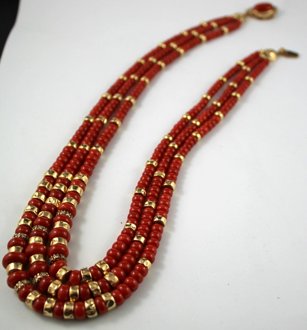 14k Gold Red Coral Bead+Diamond Necklace. (1 of 3)