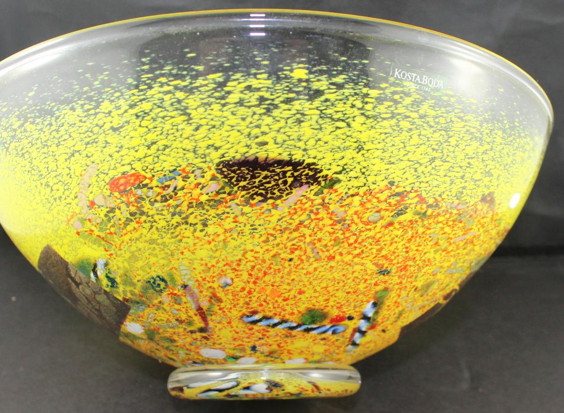 Kosta Boda Art Glass Bowl.: Kosta Boda Centerpiece Bowl. Signed (Bertil) B. Vallien Kosta Boda 7059872 with Original Sticker Label. Hand Decorated Multi-colored Enamel Designs. 9 3/4"Wd. X 4 3/8"Ht. Marked. Fine Condition.