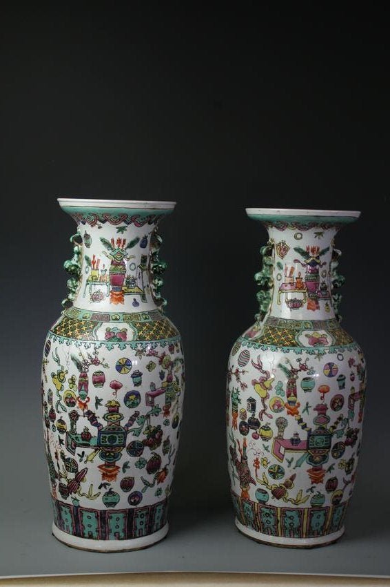 A Pair Of Famille-Rose "Festival" Guanyin Vases, Qing: A Pair Of Famille-Rose "Festival" Guanyin Vases, Qing Dynasty
