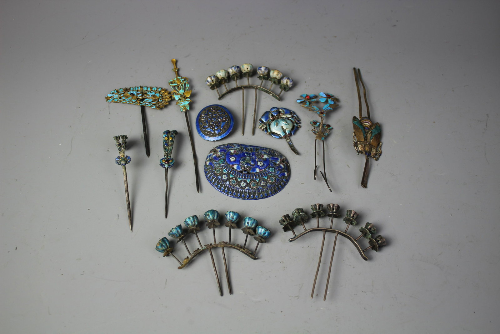 Set Of 11 Gilt Silver Enameled Hairpins, Qing Dynasty: Set Of 11 Gilt Silver Enameled Hairpins, Qing Dynasty