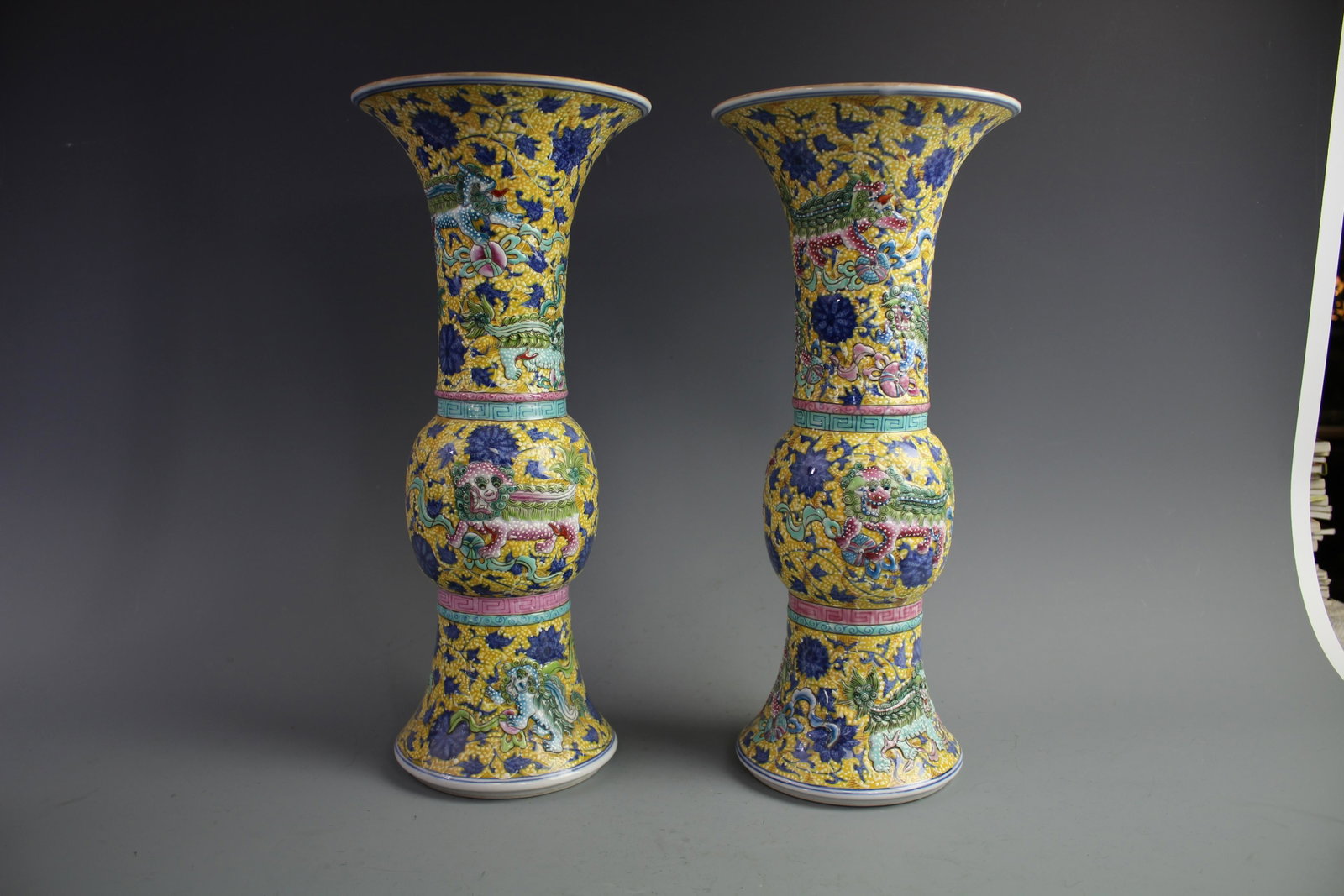 A Pair Of Yellow Ground Famille-Rose "Dragon" Altar: A Pair Of Yellow Ground Famille-Rose "Dragon" Altar Vases, Marked Qianlong Period Qing Dynasty