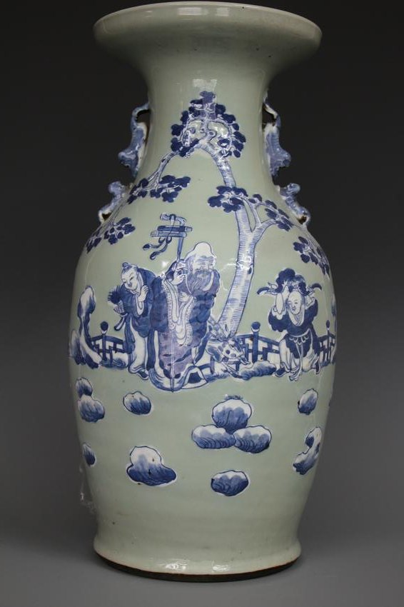 A Celadon-Glazed Embellished Vase, Qing Dynasty: A Celadon-Glazed Embellished Vase, Qing Dynasty